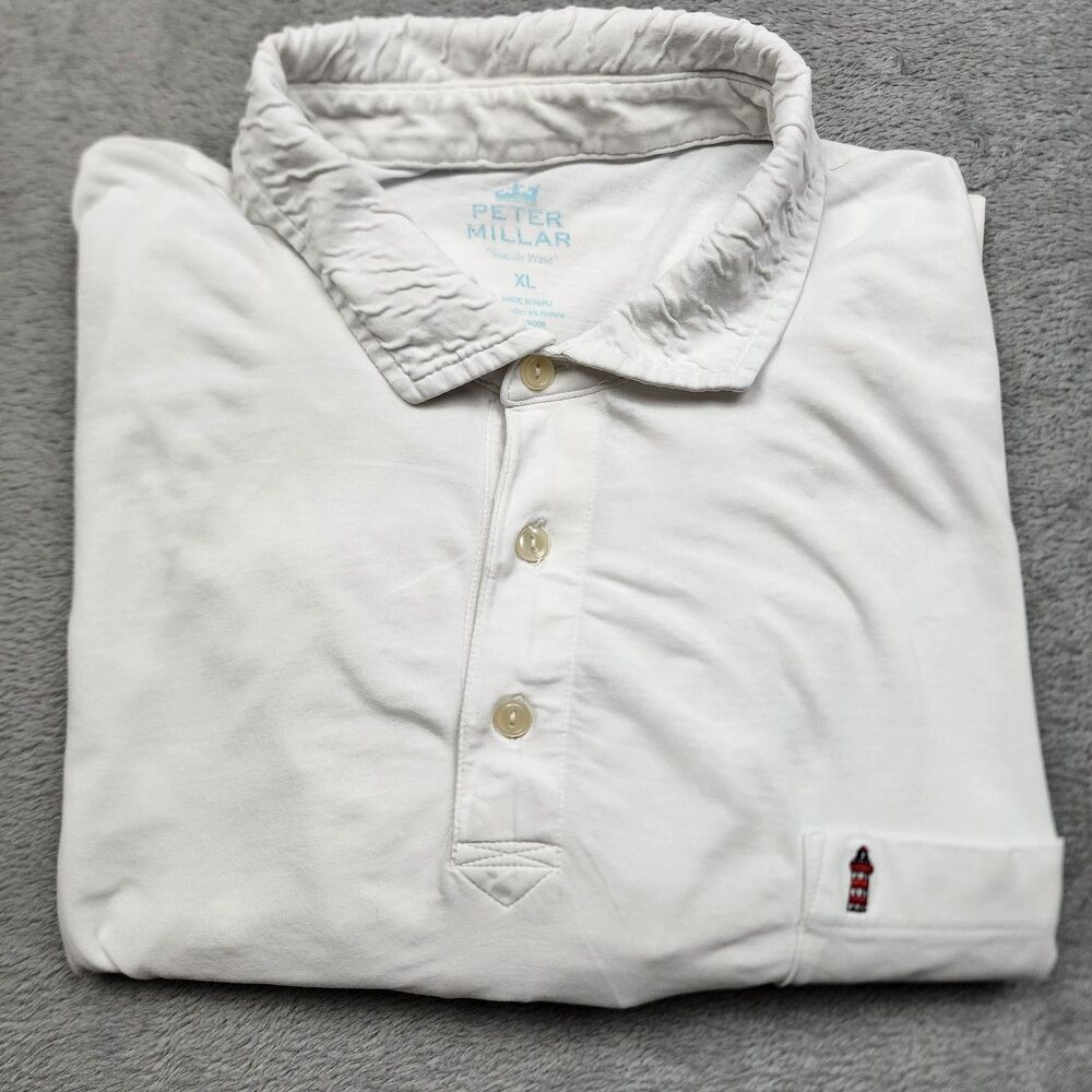 Peter Millar Seaside Wash Mens XL White Polo Lighthouse Pocket Logo Shirt Flaw